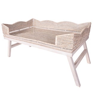Artifacts Rattan Scallop Design Breakfast Tray with Wooden Legs - White wash